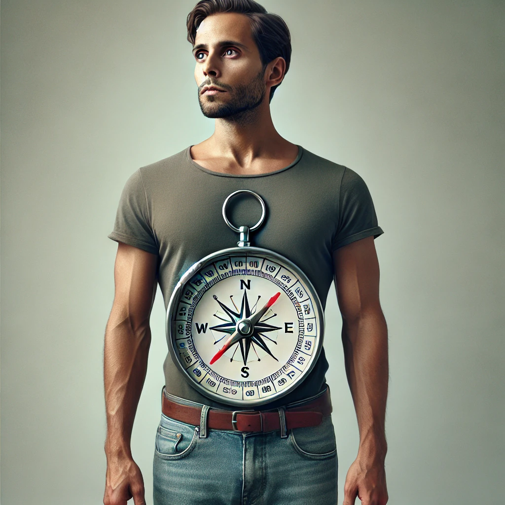 man with a compass as belly, representing stage fright