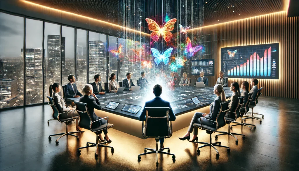 People in a meeting, sitting around a table. There are butteries holograms in the center to represent the sensation in the body when you have something important to say.